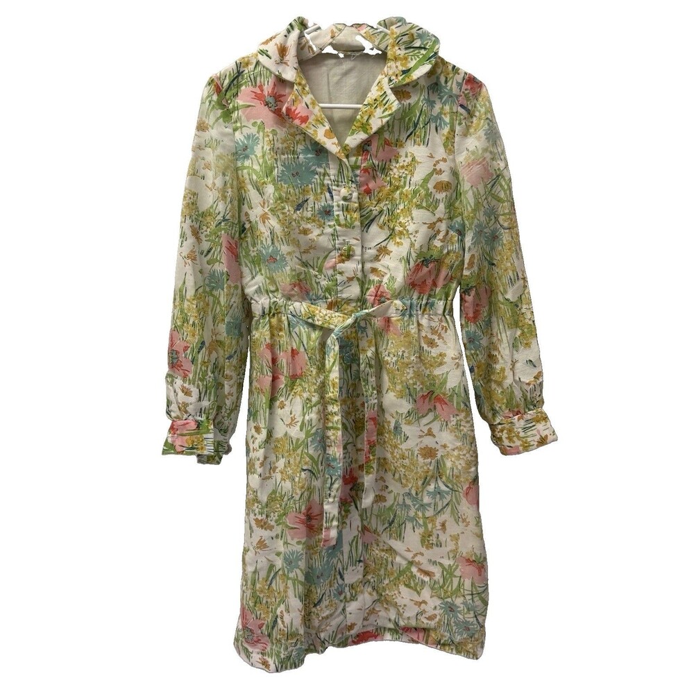 Vintage 1960s Handmade Floral/Meadow Dress. Ruffle Collar And Belt. - XS/Small
